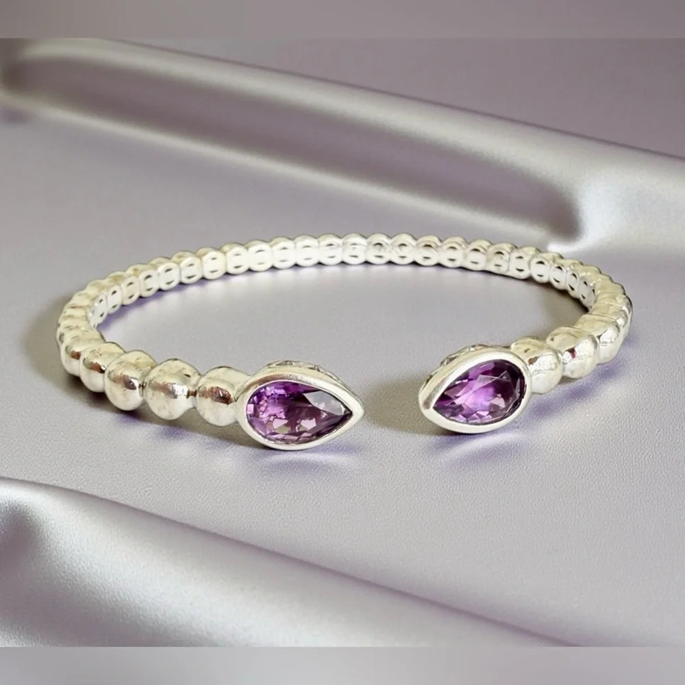 Sterling Silver Bracelet Gabriel & Co Bujukan Pear Shape Amethyst Split Bangle - Picture 1 of 9